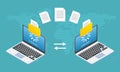 File transfer concept. Two Laptop computers with folders send and upload documents. File copy, data or information exchange design